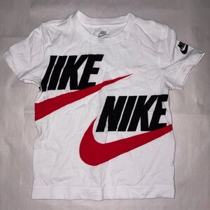Nike Kids' White T-Shirt with Red Swoosh and Black Logo